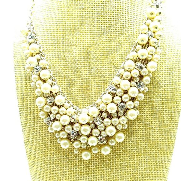 Rhinestone & Faux Pearl Cluster Bib Necklace on Silver-tone Chain - Picture 4 of 15